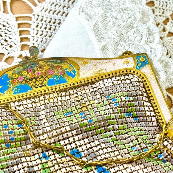 Antique Whiting & Davis Mesh Purse c1915–1925 Enamel Lyre Motif Metal Mesh Eveni - Picture 3 of 16